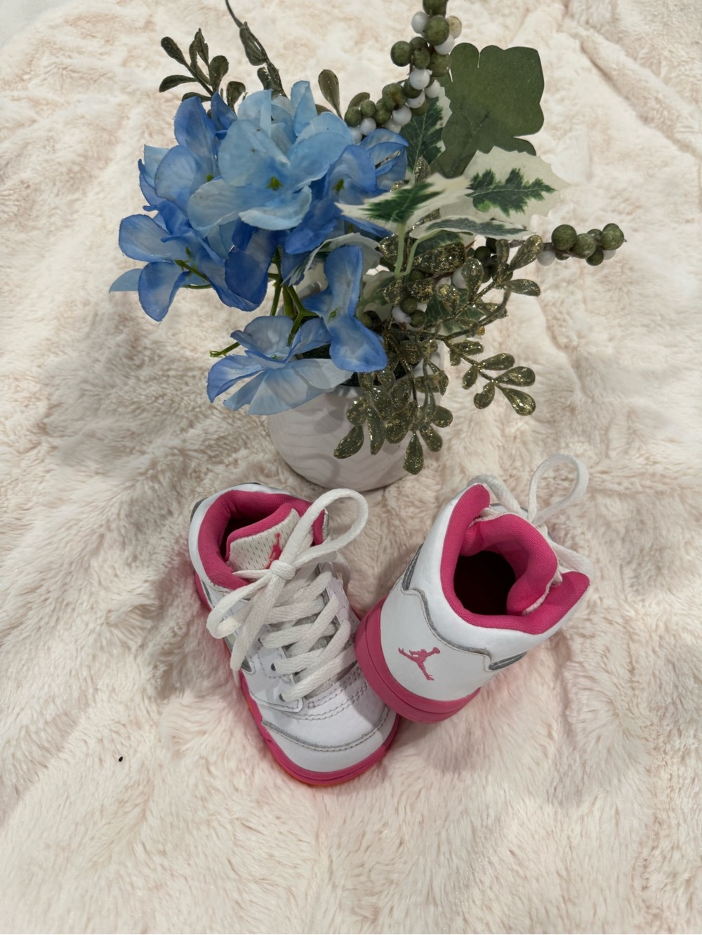 Jordan White and Pink Kids High-Top Sneakers